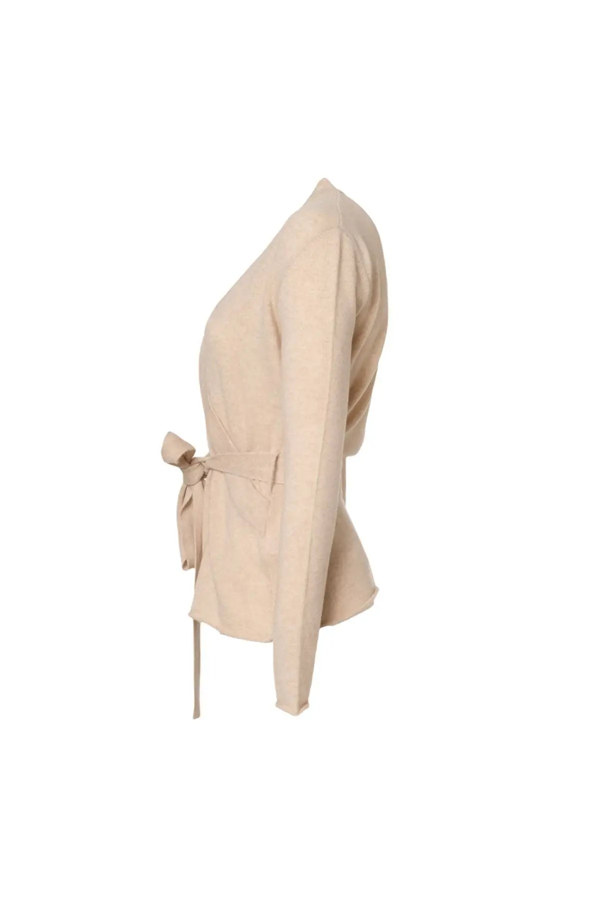 Kum Beji Saf Kaşmir V Yaka Uzun Kollu Kuşaklı Kostir Kadın Kazak Silk and Cashmere