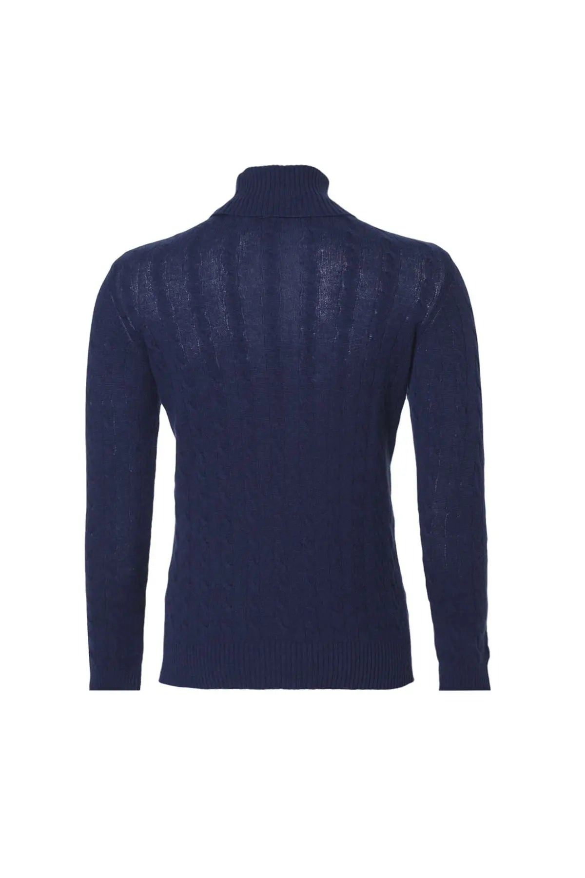 Lacivert Amerigo Avustralya Yünü Kaşmir Saç Örgülü Balıkçı Yaka Uzun Kollu Erkek Kazak Silk and Cashmere