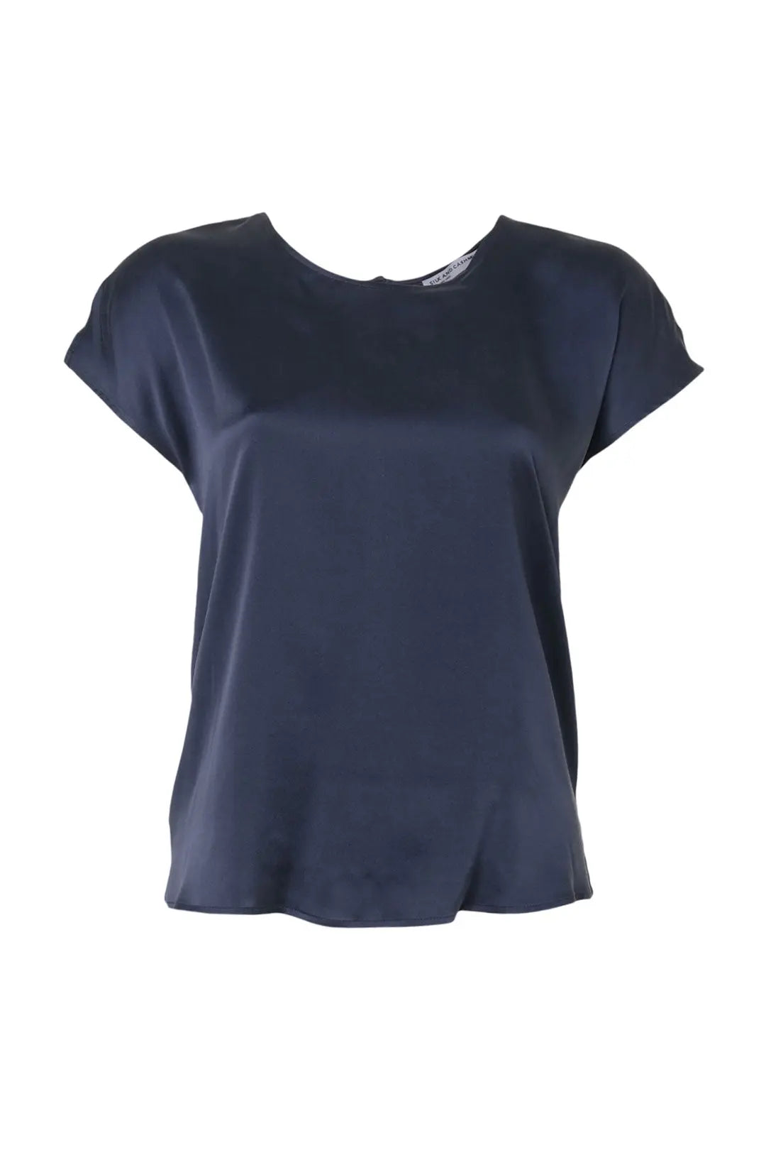 Lacivert İpek Karışımlı Monica Yuvarlak Yaka Kısa Kollu Bluz Silk and Cashmere