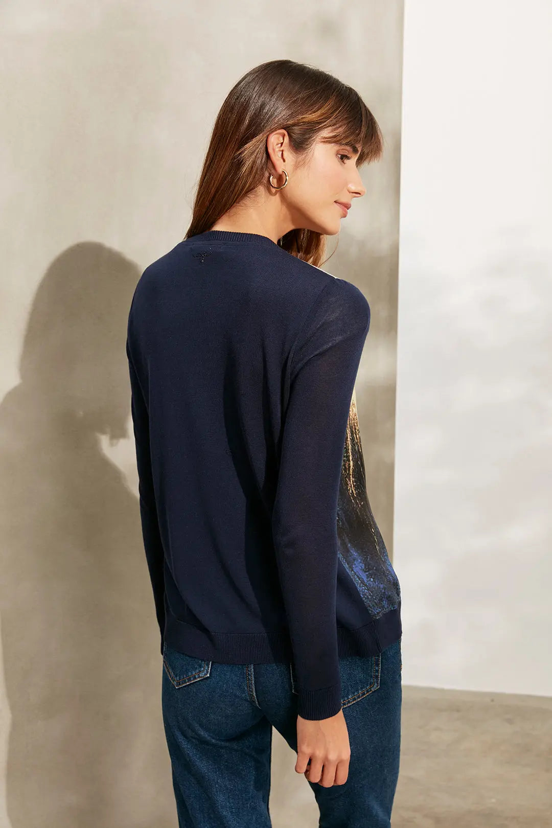 Lacivert İpekli Goya Yuvarlak Yaka Uzun Kollu Desenli Hırka Silk and Cashmere