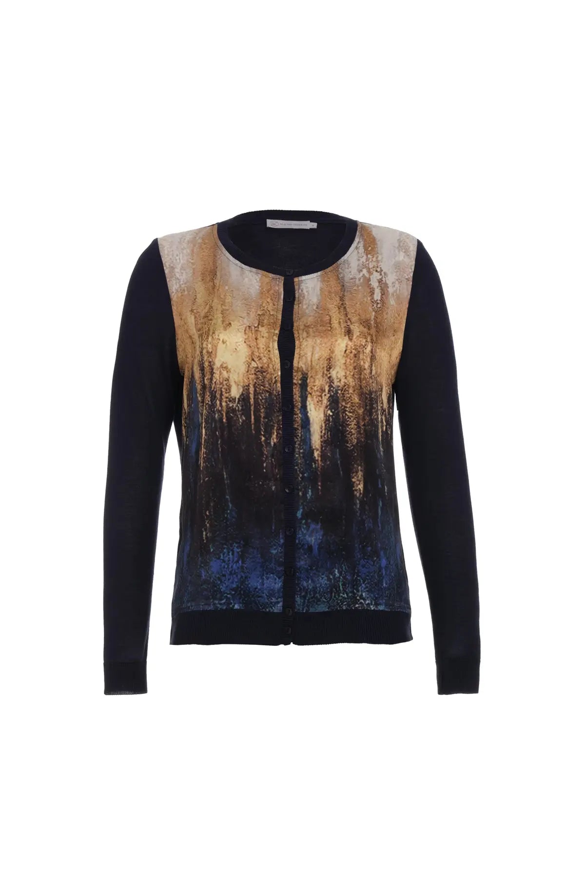 Lacivert İpekli Goya Yuvarlak Yaka Uzun Kollu Desenli Hırka Silk and Cashmere