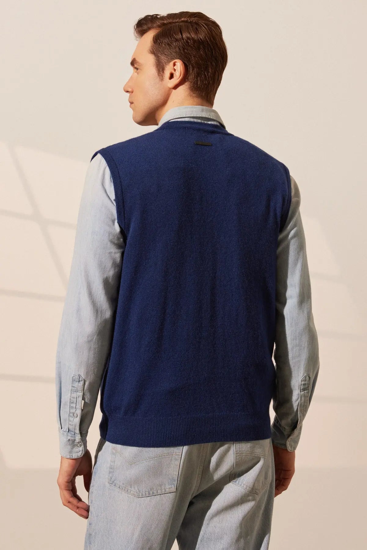 Lacivert Jan Saf Kamir V Yaka Erkek Yelek Silk and Cashmere