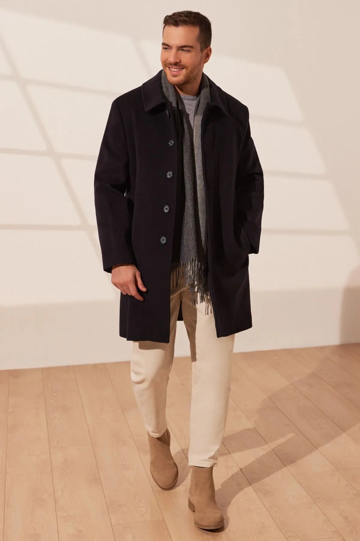 Lacivert Kaşmir Karışımlı Erkek Kaban Silk and Cashmere