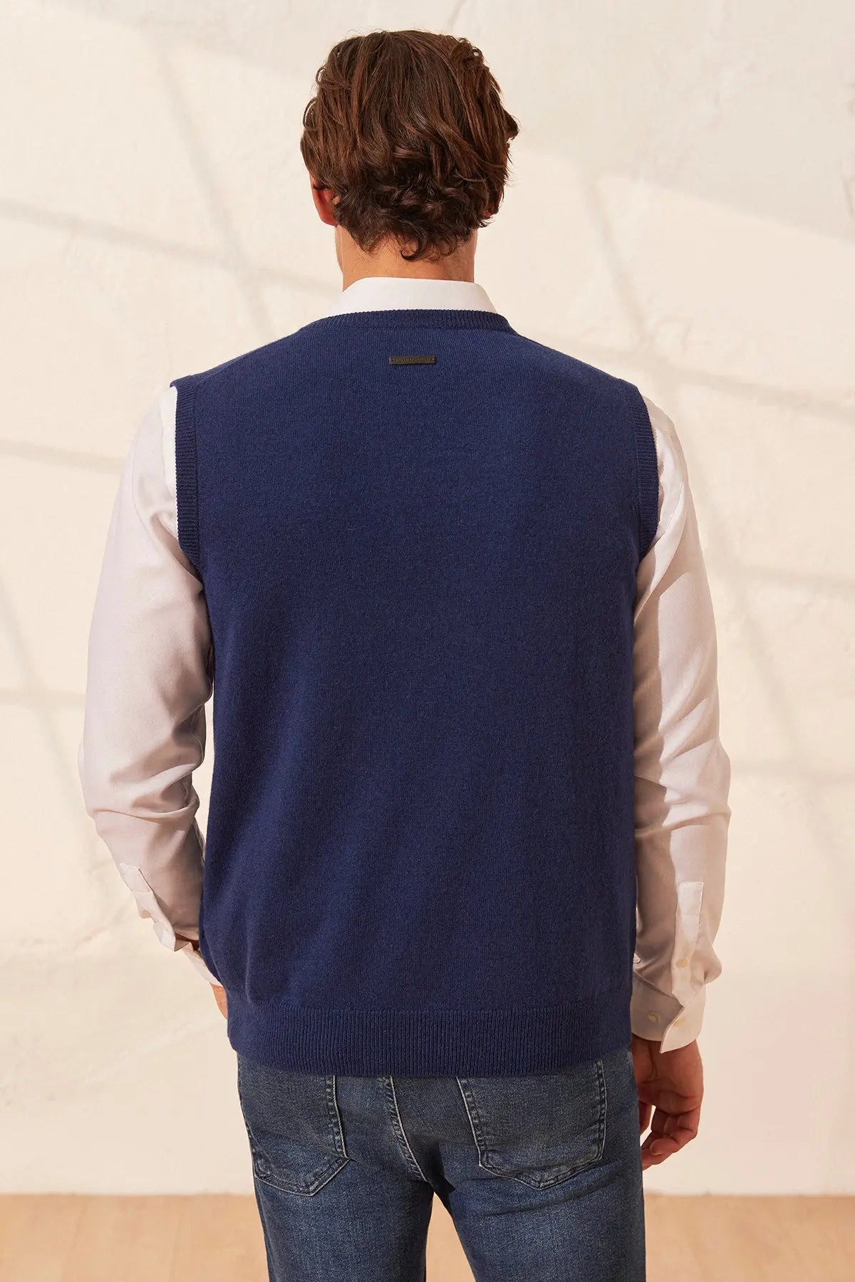 Lacivert Saf Kamir Gio V Yaka Erkek Süveter Silk and Cashmere