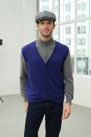 Lacivert Saf Kamir Valdes V Yaka Erkek Yelek Silk and Cashmere