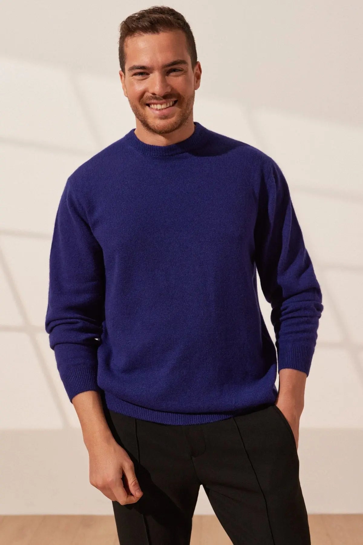 Lacivert Saf Kamir Yuvarlak Yaka Uzun Kollu Vincent Kazak Silk and Cashmere