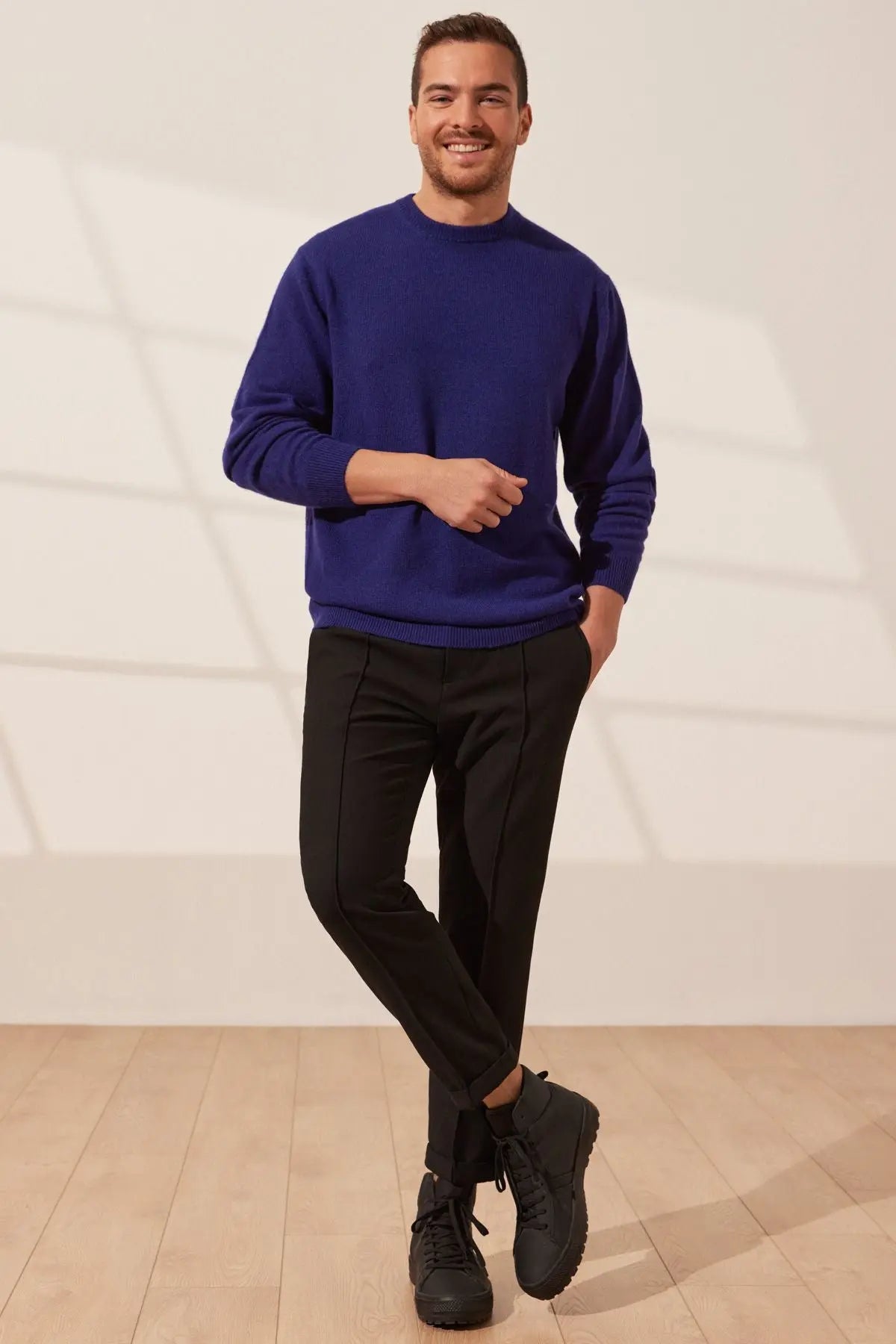 Lacivert Saf Kamir Yuvarlak Yaka Uzun Kollu Vincent Kazak Silk and Cashmere