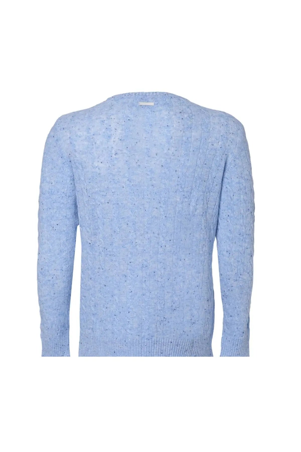 Mavi Amerigo Avustralya Yünü Kamir Saç Örgülü Yuvarlak Yaka Uzun Kollu Erkek Kazak Silk and Cashmere