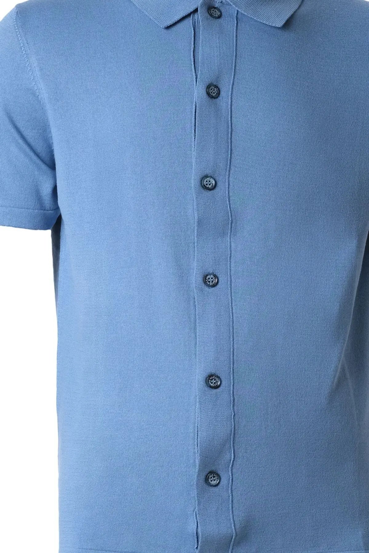 Mavi İpek Pamuk Kısa Kollu Quentin Erkek Triko Gömlek Silk and Cashmere