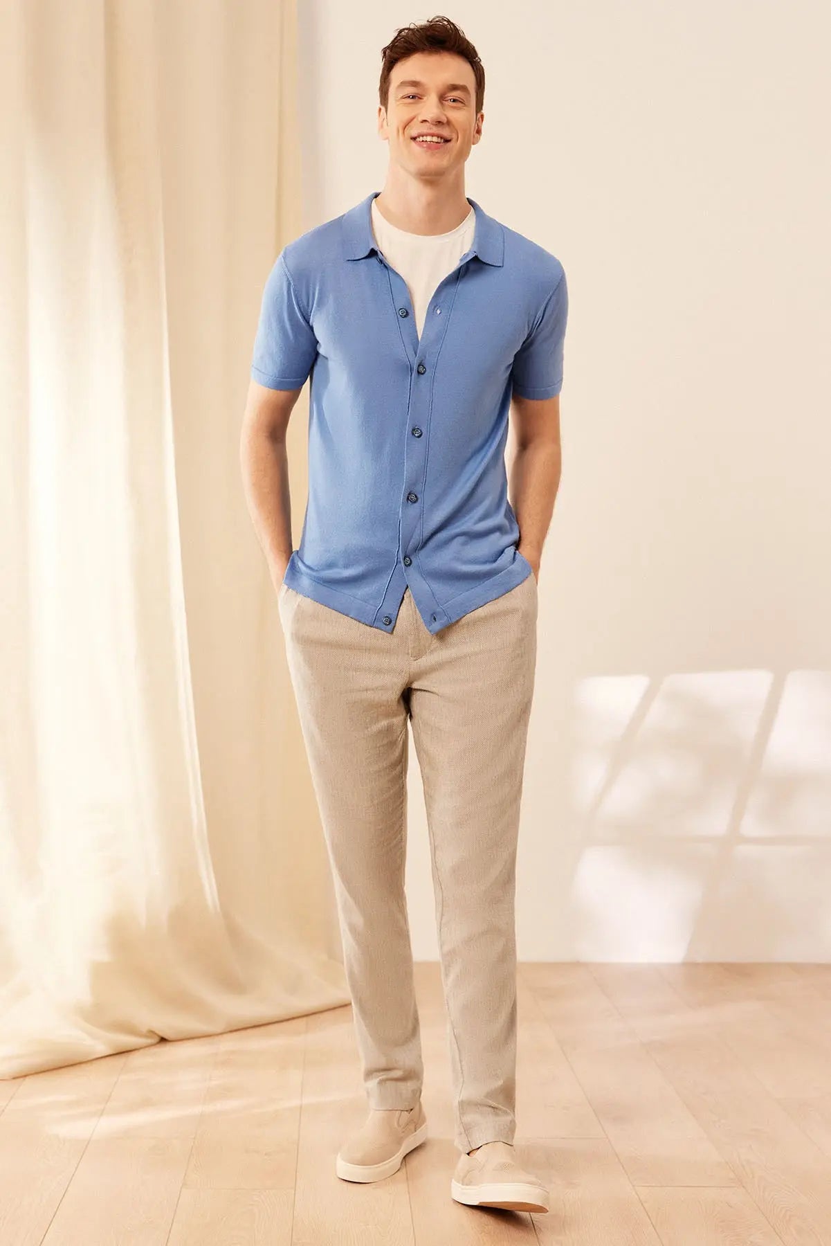 Mavi İpek Pamuk Kısa Kollu Quentin Erkek Triko Gömlek Silk and Cashmere