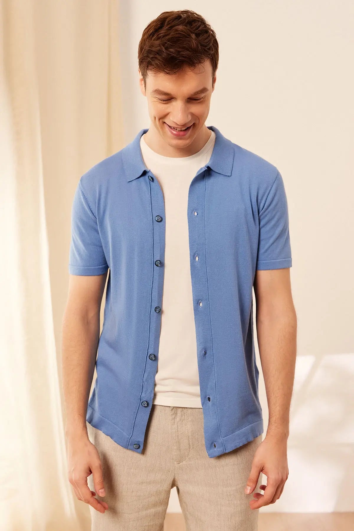 Mavi İpek Pamuk Kısa Kollu Quentin Erkek Triko Gömlek Silk and Cashmere