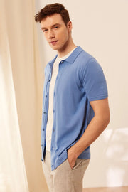 Mavi İpek Pamuk Kısa Kollu Quentin Erkek Triko Gömlek Silk and Cashmere