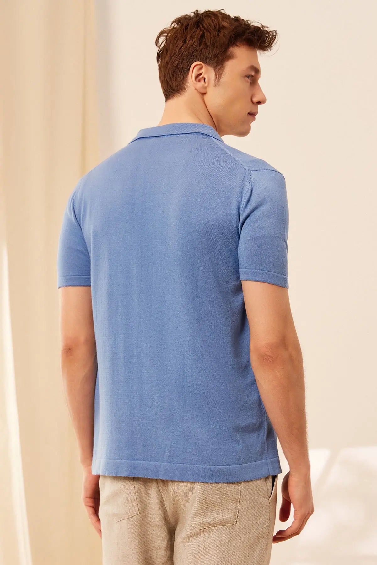 Mavi İpek Pamuk Kısa Kollu Quentin Erkek Triko Gömlek Silk and Cashmere