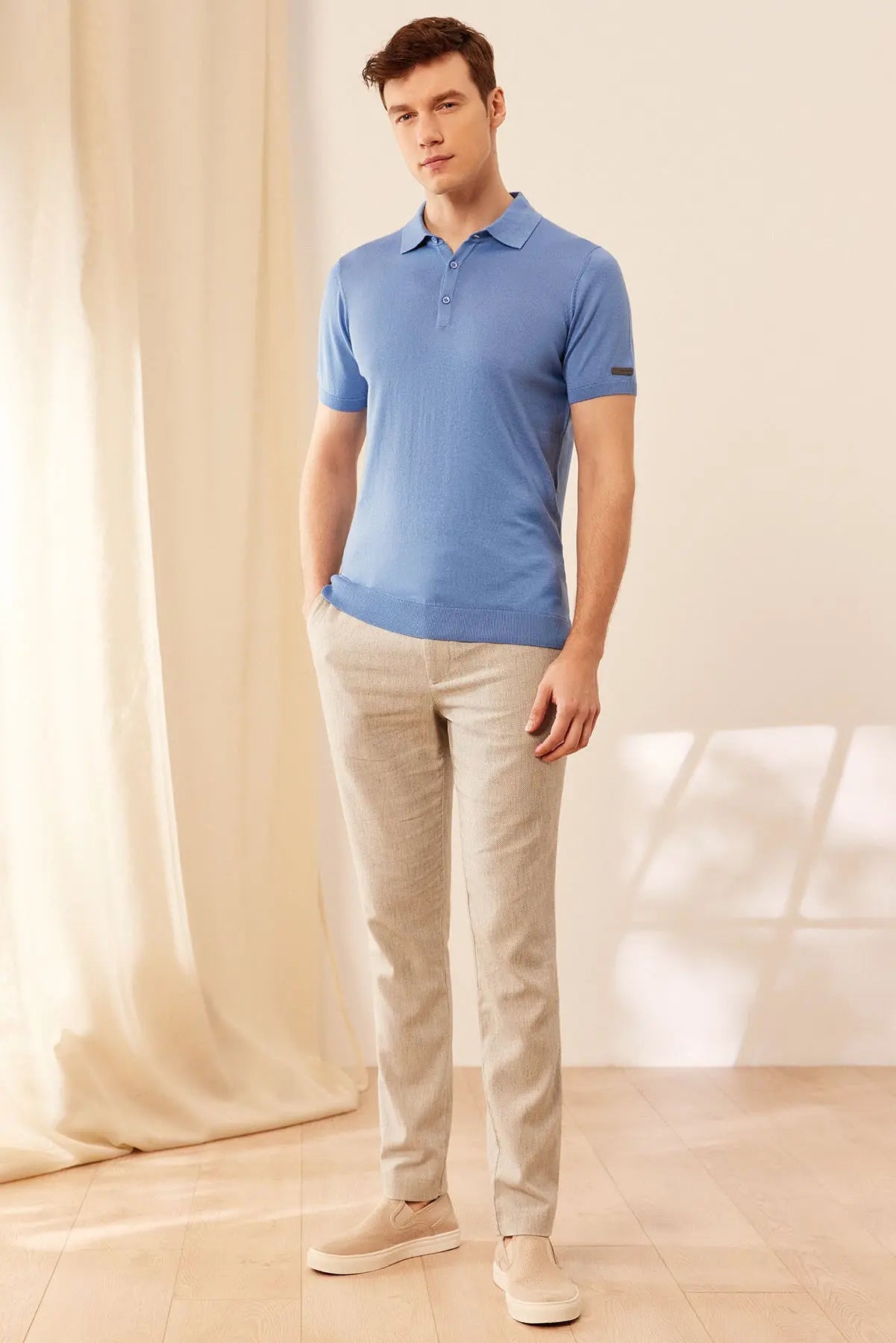 Mavi İpek Pamuk Polo Yaka Kısa Kollu Quentin Erkek Triko Tişört Silk and Cashmere