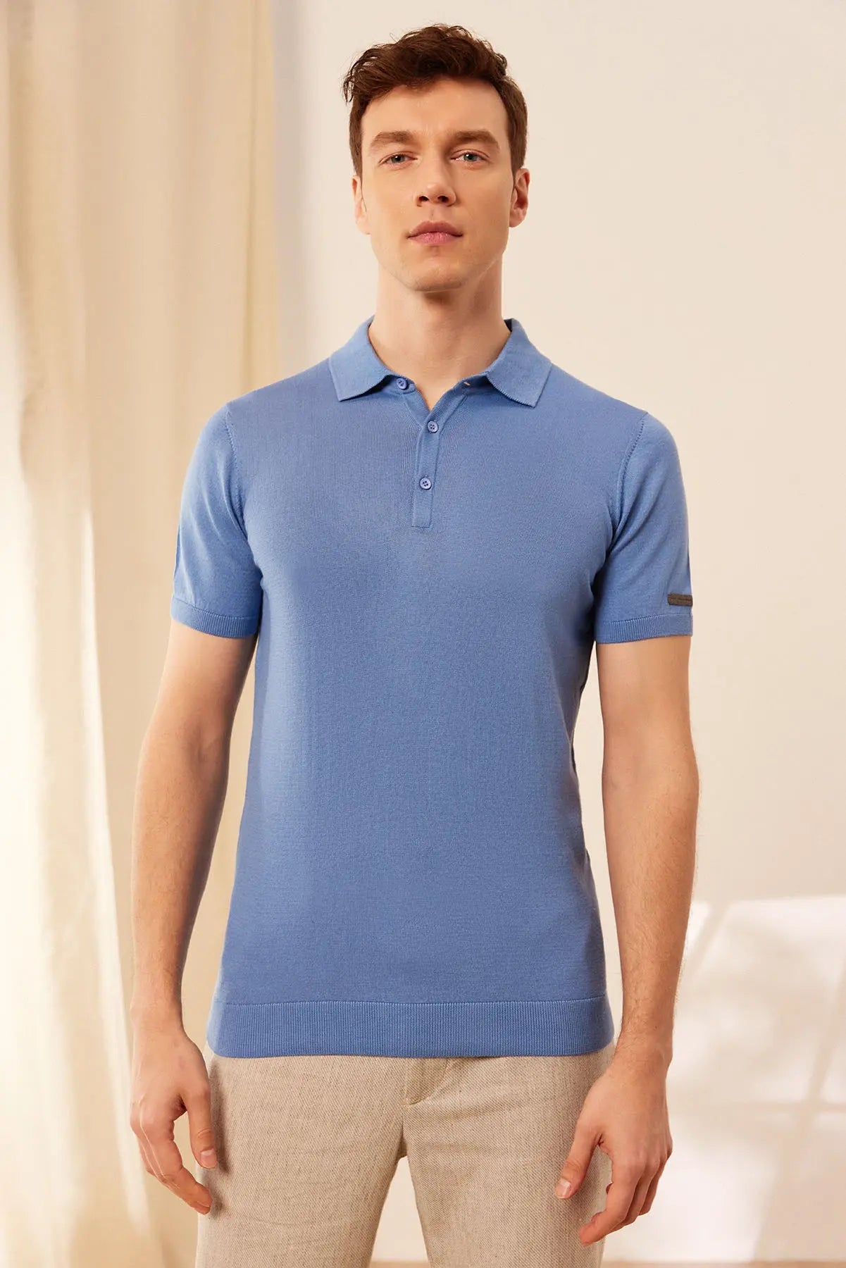 Mavi İpek Pamuk Polo Yaka Kısa Kollu Quentin Erkek Triko Tişört Silk and Cashmere