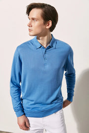 Mavi İpek ve Kaşmir Polo Yaka Uzun Kollu Utku Erkek Triko Silk and Cashmere