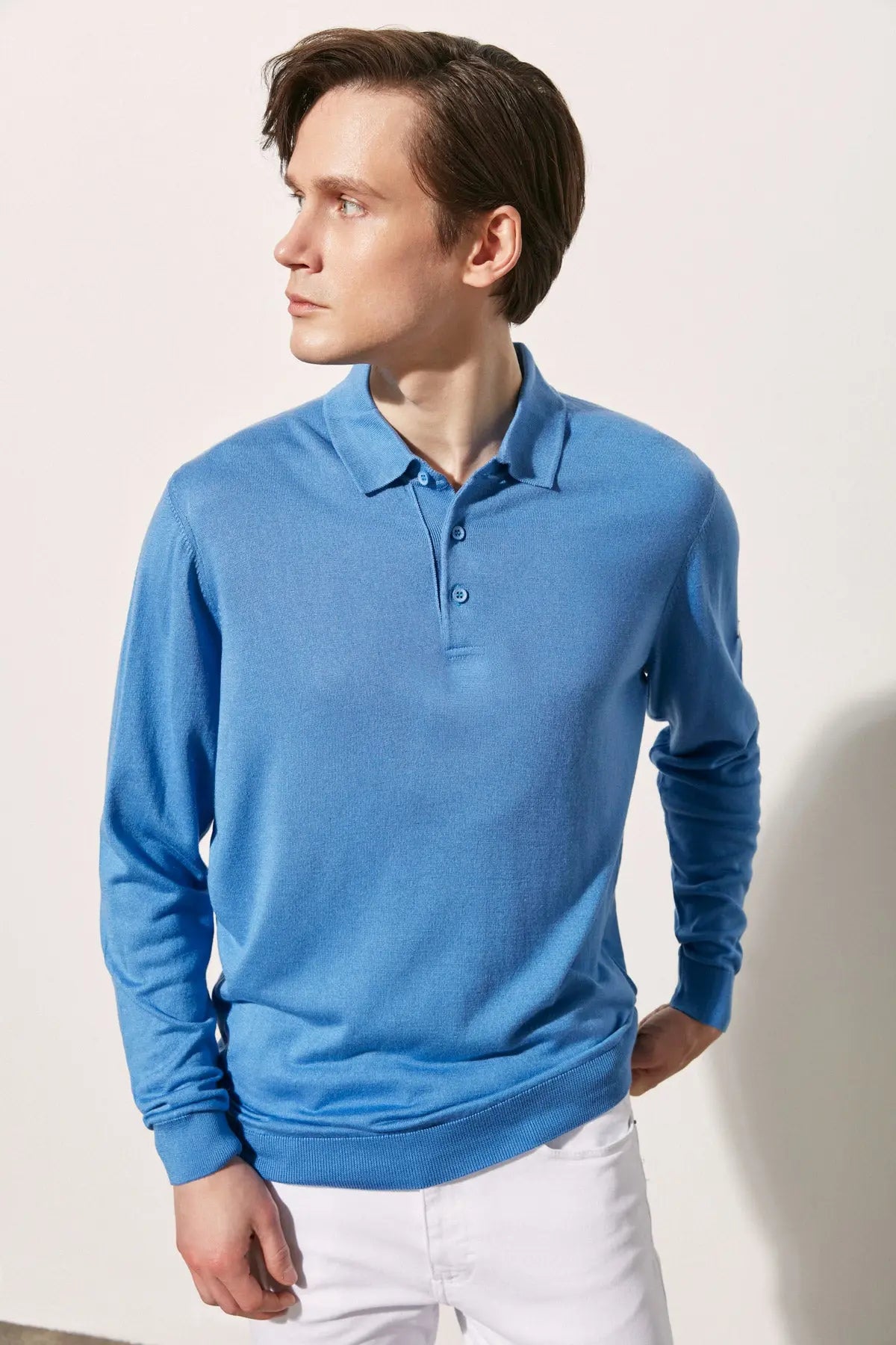 Mavi İpek ve Kaşmir Polo Yaka Uzun Kollu Utku Erkek Triko Silk and Cashmere