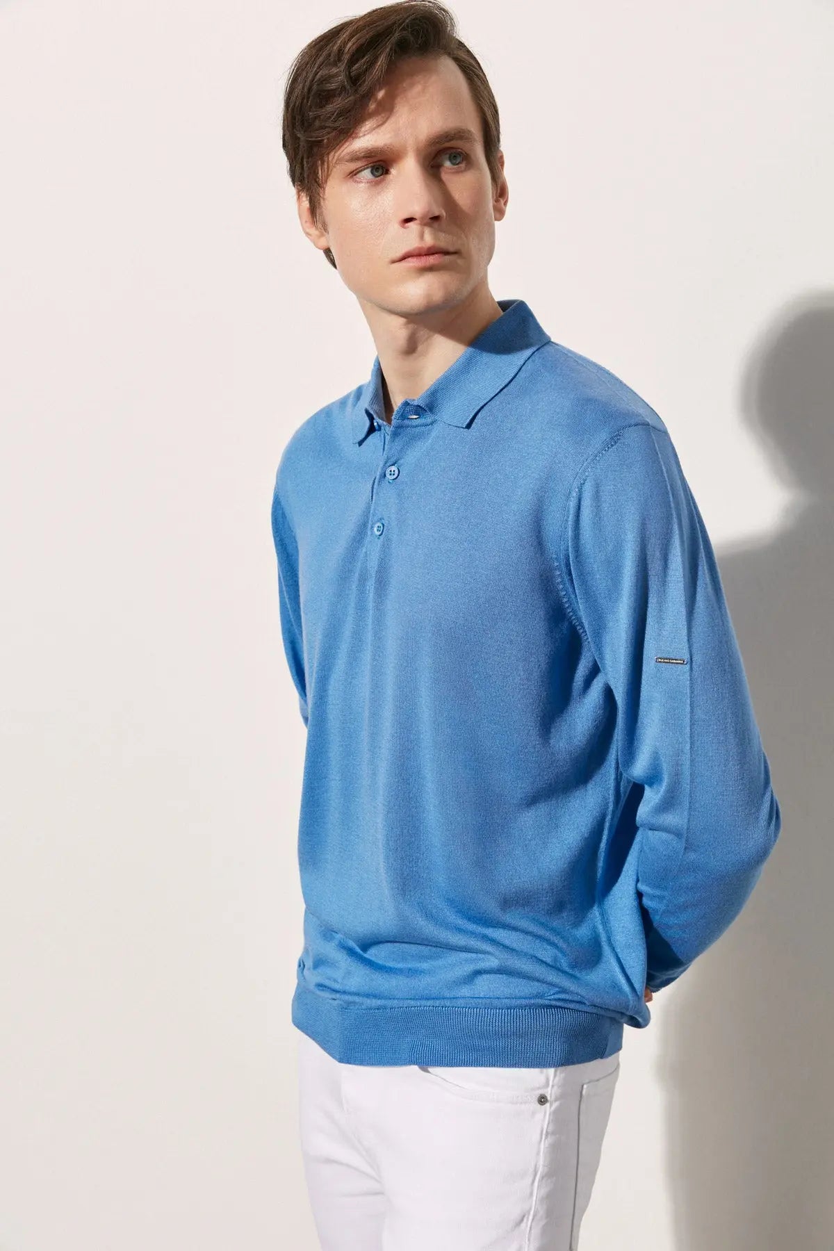 Mavi İpek ve Kaşmir Polo Yaka Uzun Kollu Utku Erkek Triko Silk and Cashmere