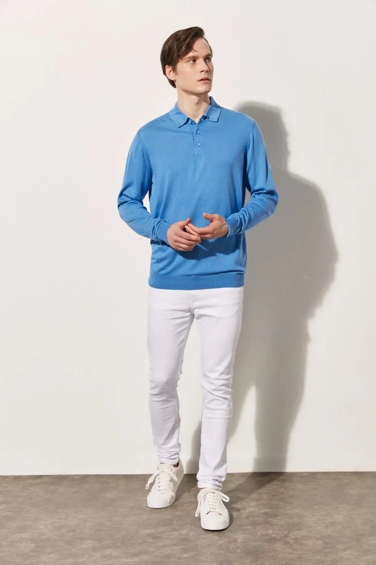 Mavi İpek ve Kaşmir Polo Yaka Uzun Kollu Utku Erkek Triko Silk and Cashmere