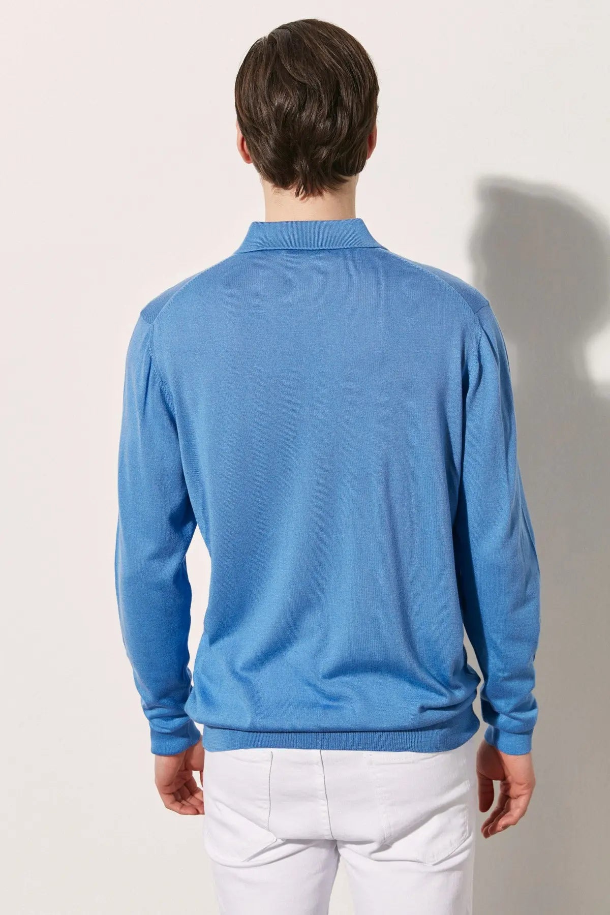 Mavi İpek ve Kaşmir Polo Yaka Uzun Kollu Utku Erkek Triko Silk and Cashmere