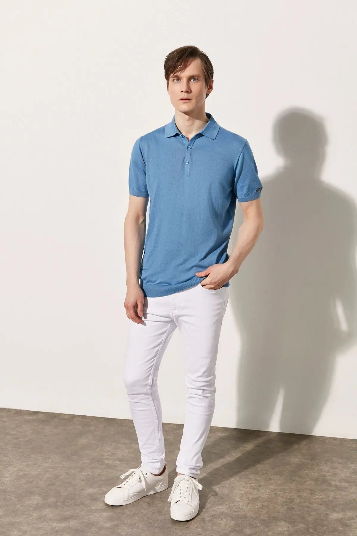 Mavi Kaşmir İpek Utku Kısa Kollu Polo Yaka Triko Silk and Cashmere