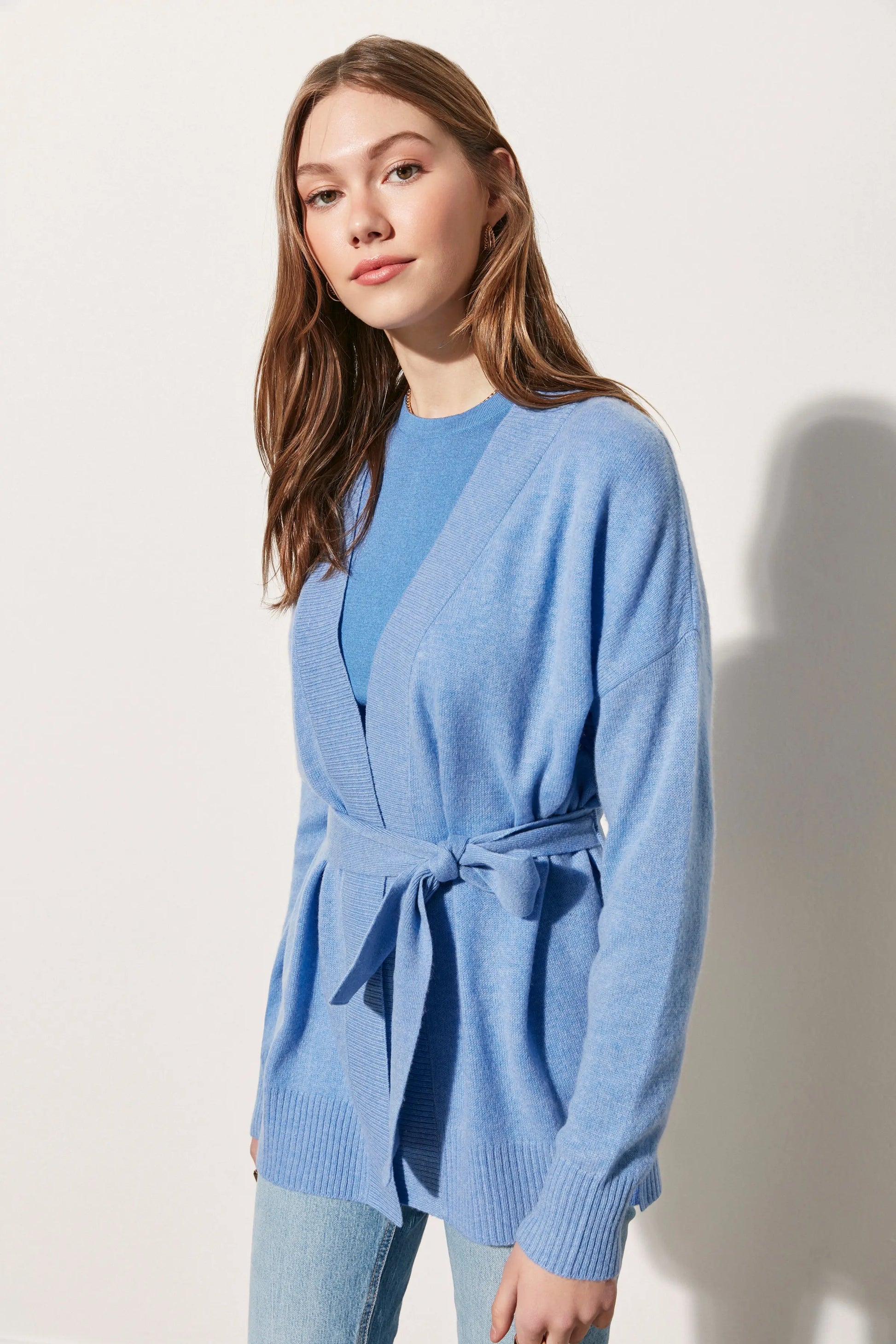 Mavi Saf Kaşmir Angel T Kollu Kuşaklı Hırka Silk and Cashmere