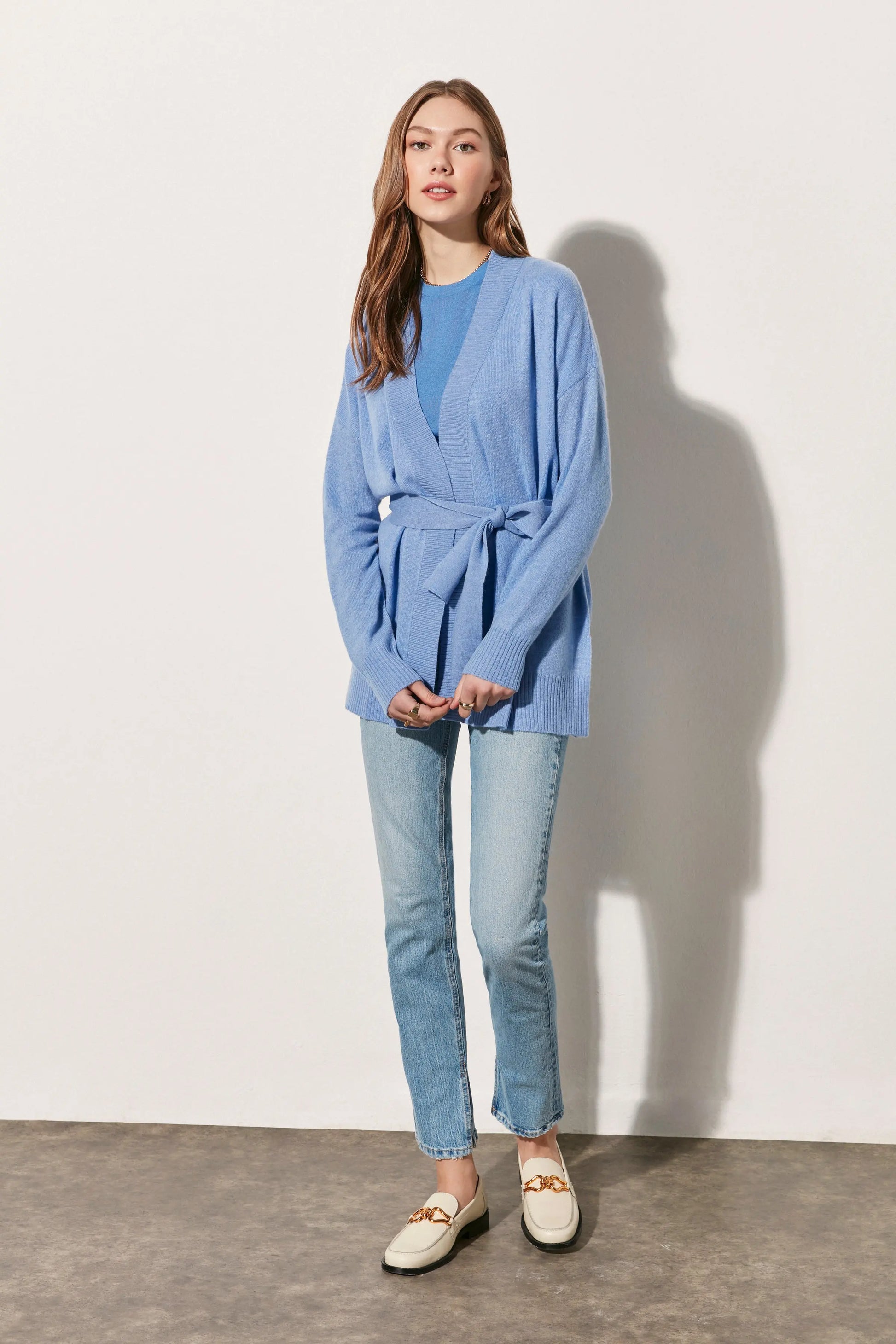 Mavi Saf Kaşmir Angel T Kollu Kuşaklı Hırka Silk and Cashmere