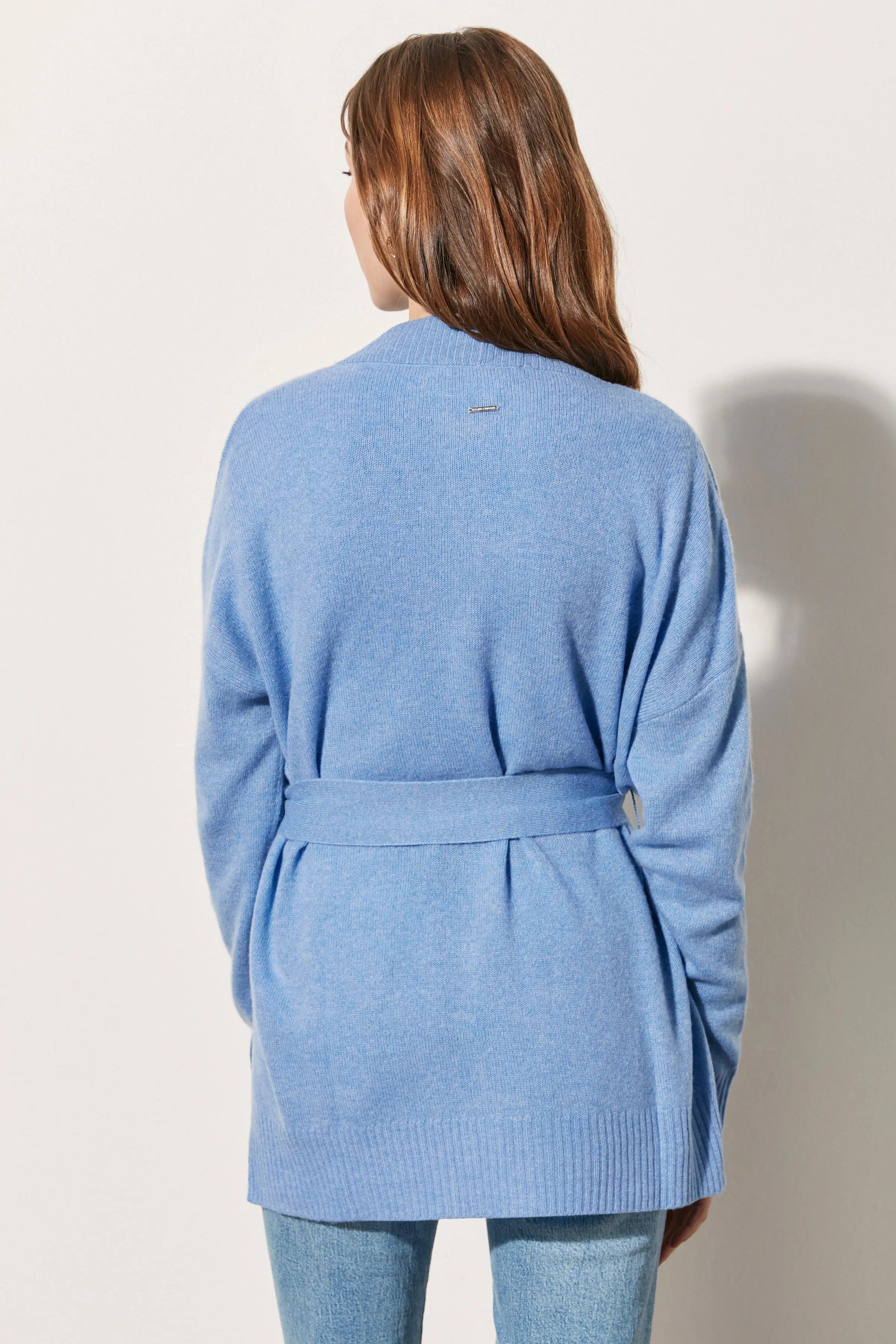 Mavi Saf Kaşmir Angel T Kollu Kuşaklı Hırka Silk and Cashmere