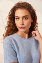 Mavi Saf Kaşmir Basic Yuvarlak Yaka Kısa Kollu Kadın Kazak Silk and Cashmere