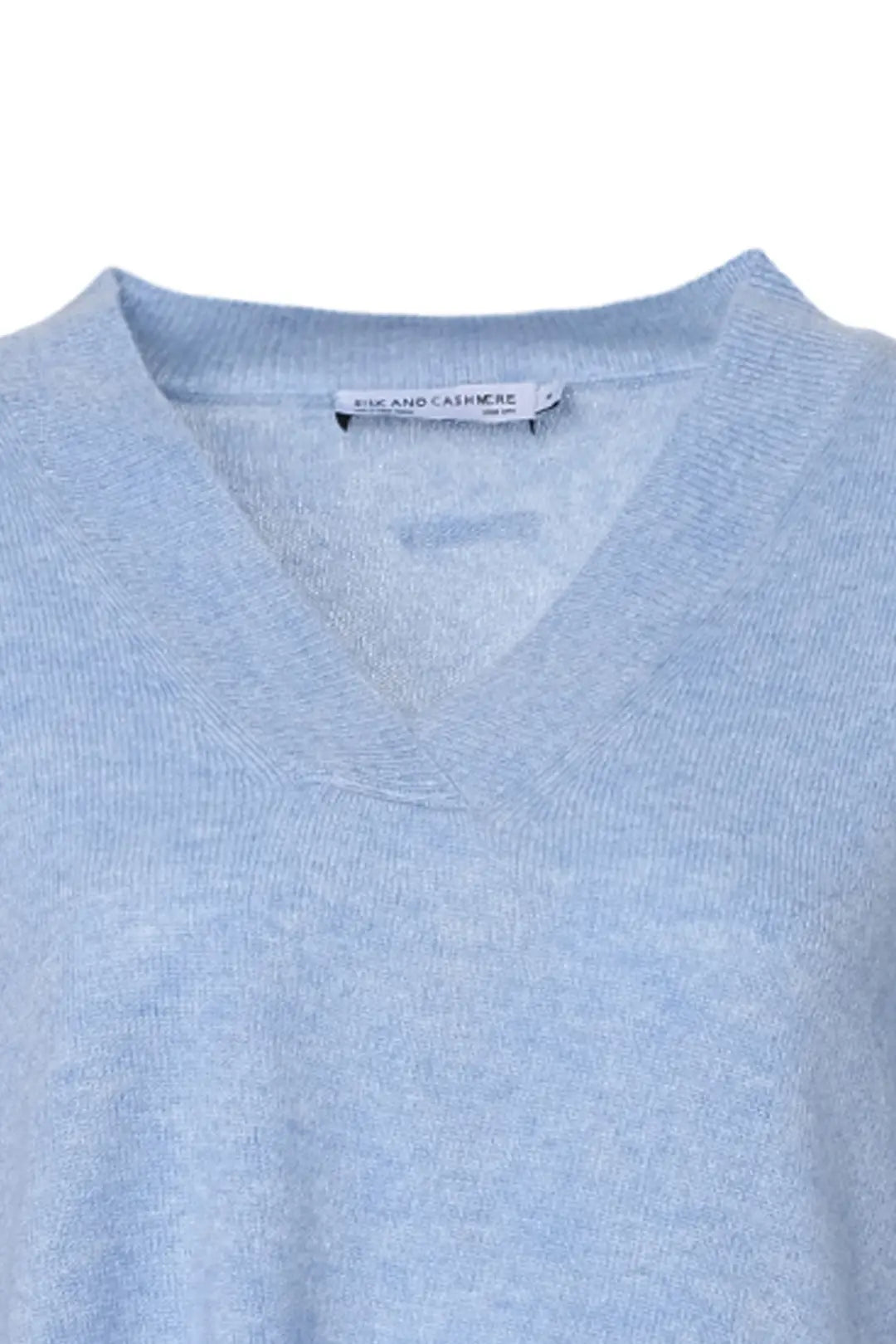 Mavi Saf Kaşmir Isabella Ribana Detaylı V Yaka Uzun Kollu Kadın Tunik Kazak Silk and Cashmere