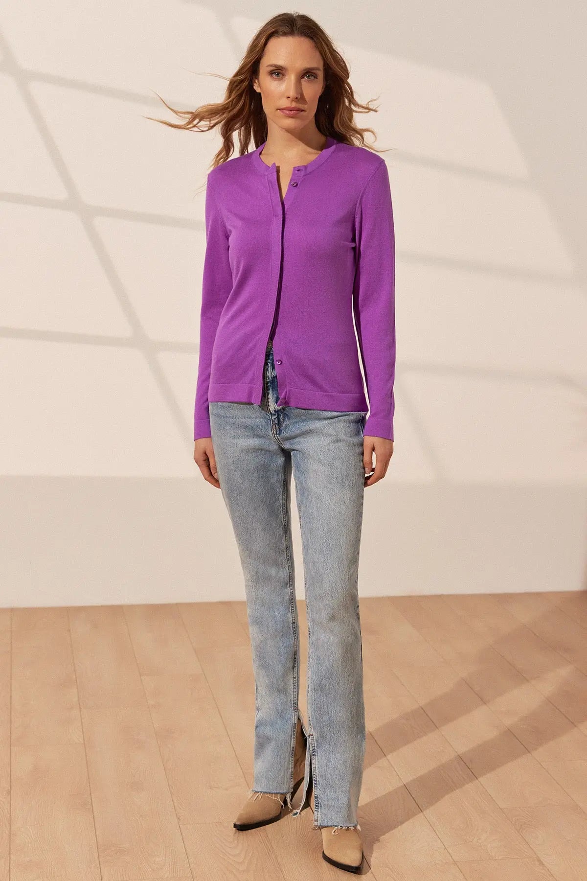 Mor Aleyna İpek ve Kaşmir Yuvarlak Yaka Uzun Kollu  Kadın Hırka Silk and Cashmere