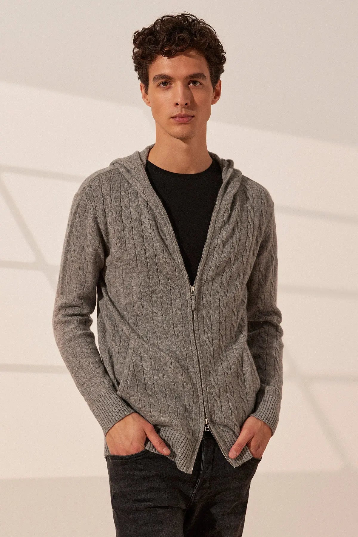 Orta Gri Melanj Amerigo Avustralya Yünü Kaşmir Saç Örgülü Uzun Kollu Erkek Kapüşonlu Hırka Silk and Cashmere