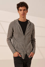 Orta Gri Melanj Amerigo Avustralya Yünü Kaşmir Saç Örgülü Uzun Kollu Erkek Kapüşonlu Hırka Silk and Cashmere