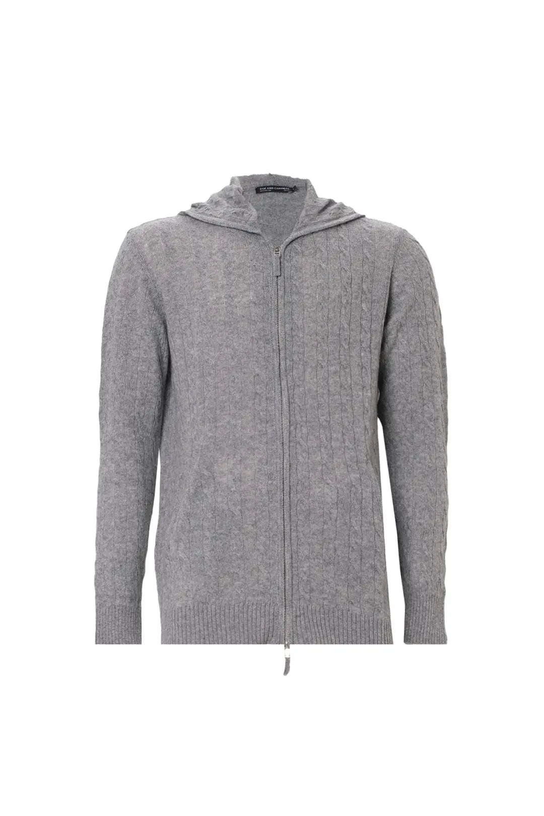 Orta Gri Melanj Amerigo Avustralya Yünü Kaşmir Saç Örgülü Uzun Kollu Erkek Kapüşonlu Hırka Silk and Cashmere