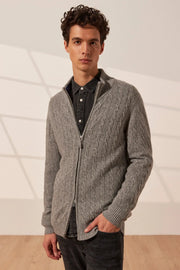 Orta Gri Melanj Amerigo Avustralya Yünü Kaşmir Saç Örgülü Yarım Balıkçı Yaka Uzun Kollu Fermuarlı Erkek Hırka Silk and Cashmere