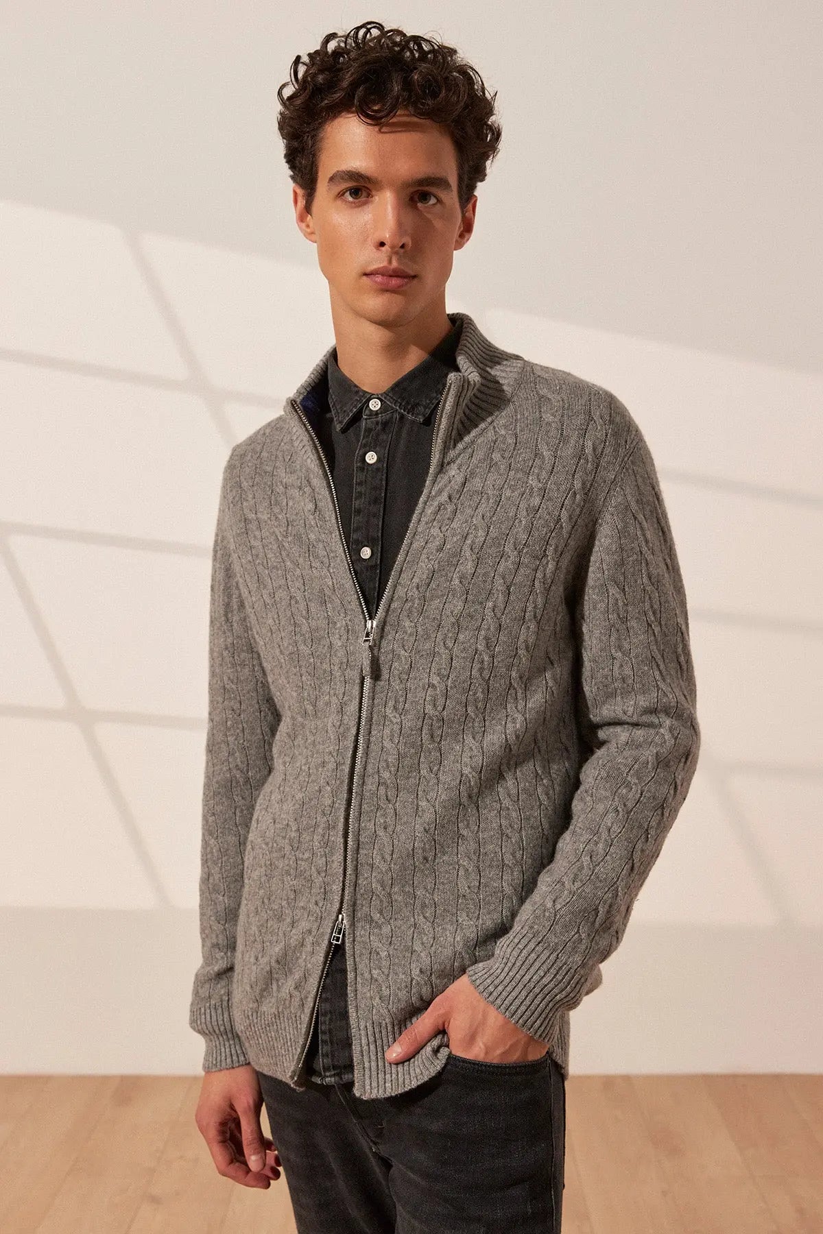 Orta Gri Melanj Amerigo Avustralya Yünü Kaşmir Saç Örgülü Yarım Balıkçı Yaka Uzun Kollu Fermuarlı Erkek Hırka Silk and Cashmere