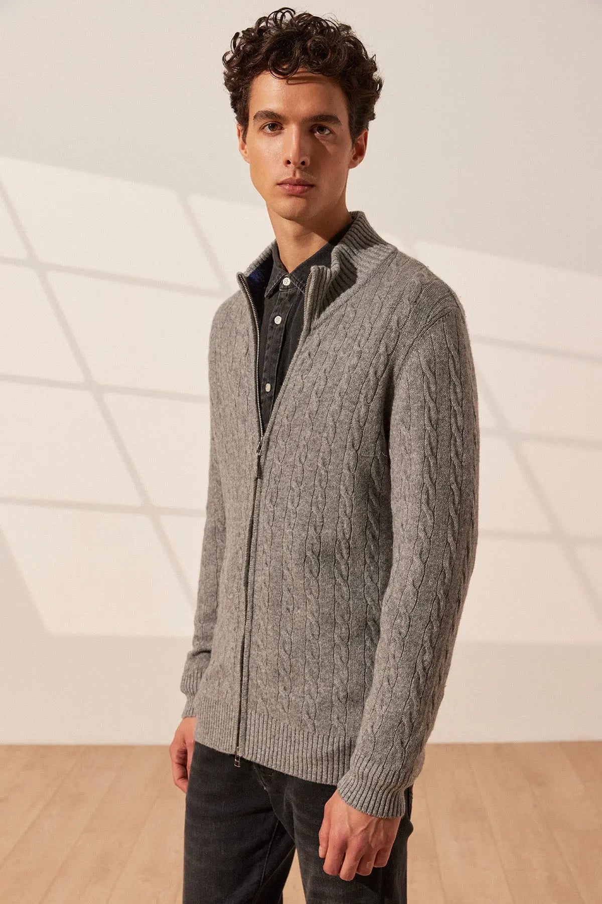 Orta Gri Melanj Amerigo Avustralya Yünü Kaşmir Saç Örgülü Yarım Balıkçı Yaka Uzun Kollu Fermuarlı Erkek Hırka Silk and Cashmere