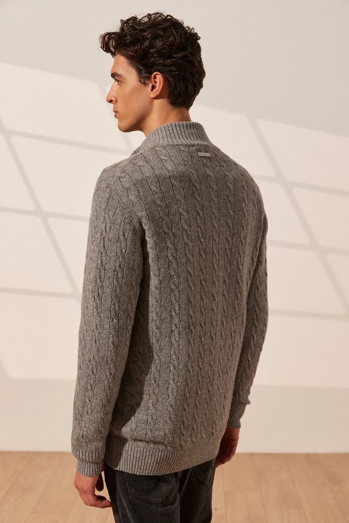 Orta Gri Melanj Amerigo Avustralya Yünü Kaşmir Saç Örgülü Yarım Balıkçı Yaka Uzun Kollu Fermuarlı Erkek Hırka Silk and Cashmere