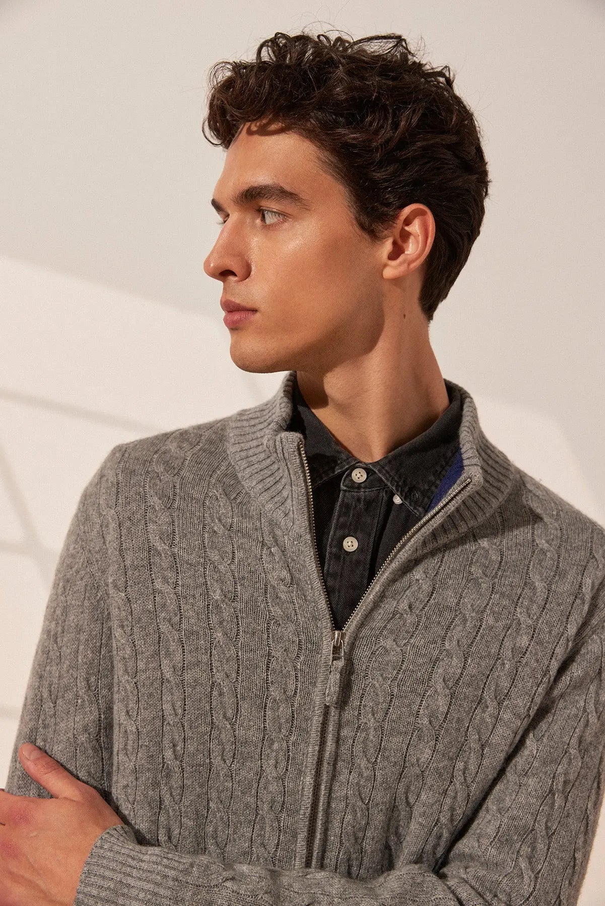 Orta Gri Melanj Amerigo Avustralya Yünü Kaşmir Saç Örgülü Yarım Balıkçı Yaka Uzun Kollu Fermuarlı Erkek Hırka Silk and Cashmere