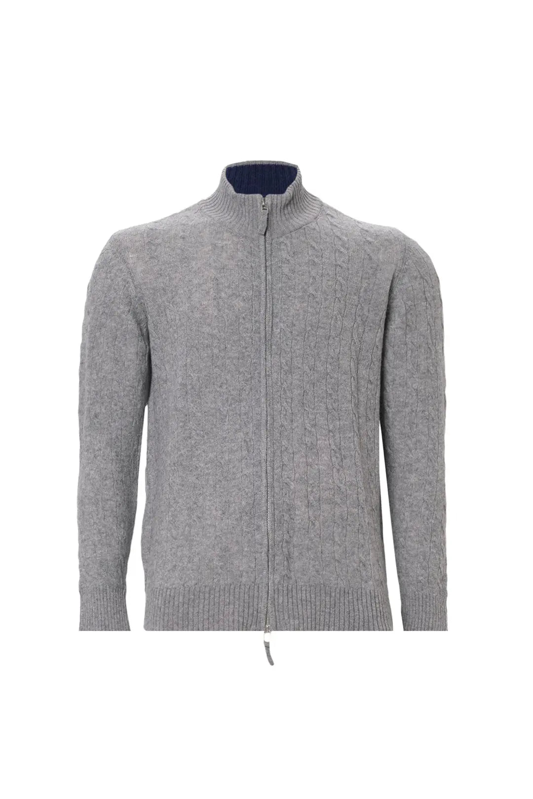 Orta Gri Melanj Amerigo Avustralya Yünü Kaşmir Saç Örgülü Yarım Balıkçı Yaka Uzun Kollu Fermuarlı Erkek Hırka Silk and Cashmere