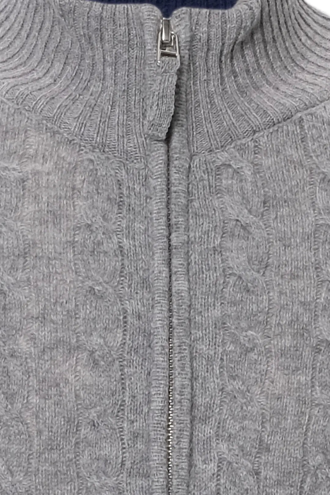 Orta Gri Melanj Amerigo Avustralya Yünü Kaşmir Saç Örgülü Yarım Balıkçı Yaka Uzun Kollu Fermuarlı Erkek Hırka Silk and Cashmere