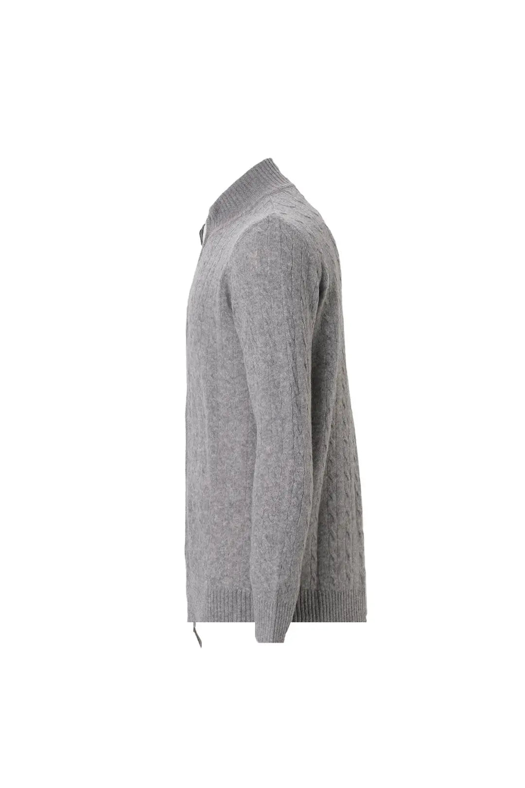 Orta Gri Melanj Amerigo Avustralya Yünü Kaşmir Saç Örgülü Yarım Balıkçı Yaka Uzun Kollu Fermuarlı Erkek Hırka Silk and Cashmere