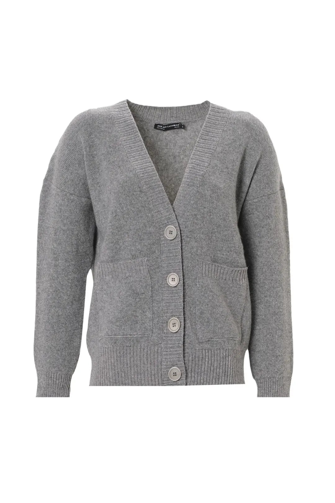 Orta Gri Melanj Aurora Avustralya Yünü Kaşmir Ribana Örgülü Uzun Kollu Kadın Hırka Silk and Cashmere