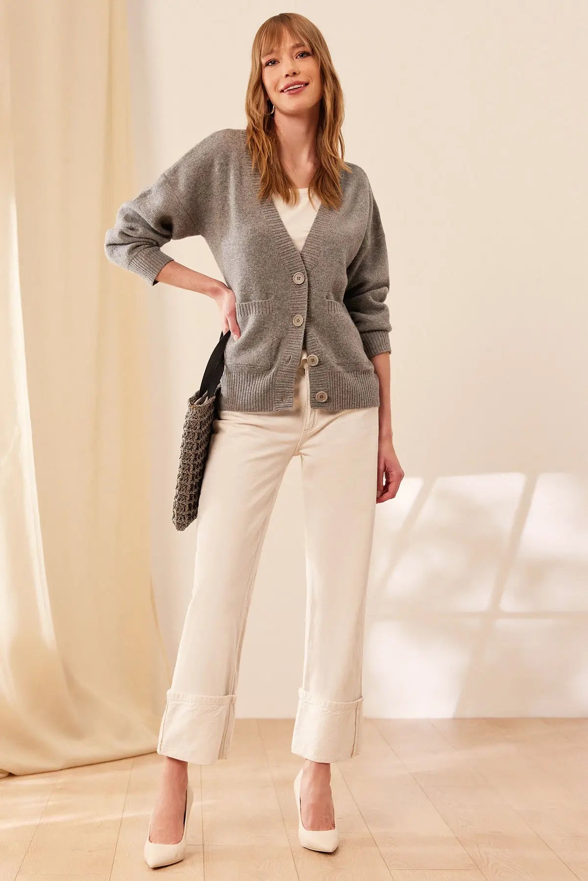 Orta Gri Melanj Aurora Avustralya Yünü Kaşmir Ribana Örgülü Uzun Kollu Kadın Hırka Silk and Cashmere