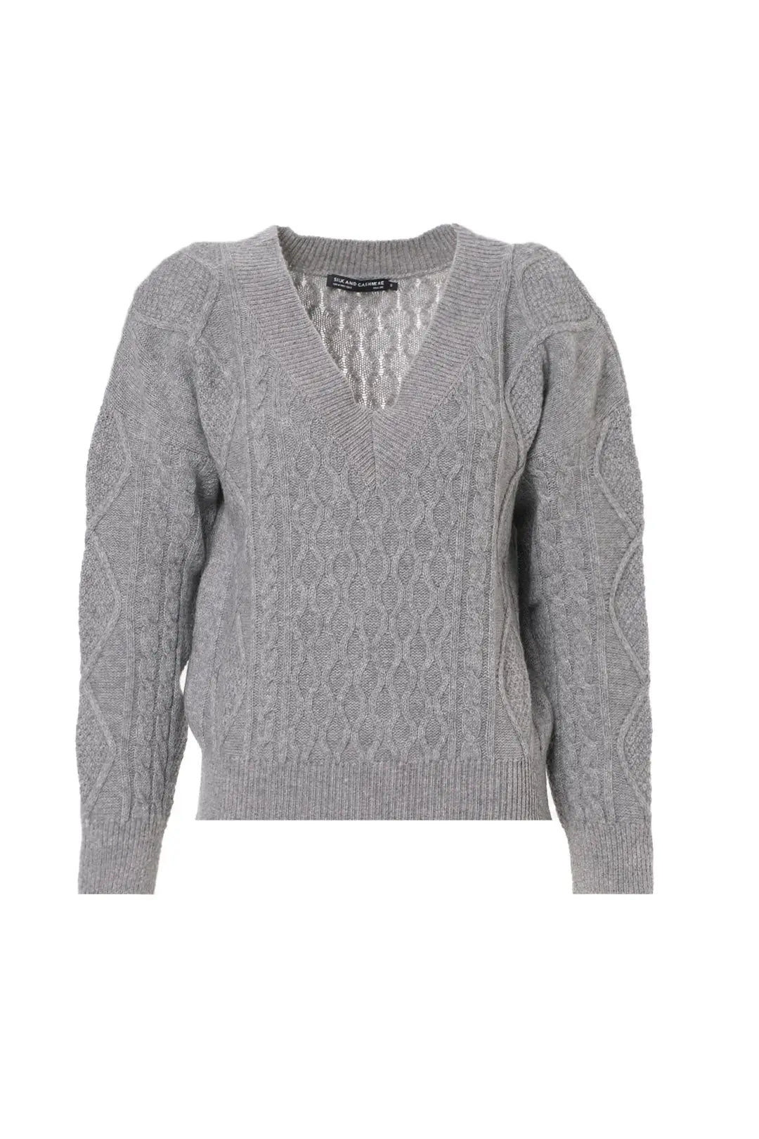 Orta Gri Melanj Aurora Avustralya Yünü Kaşmir Saç Örgülü V Yaka Uzun Kollu Kadın Kazak Silk and Cashmere