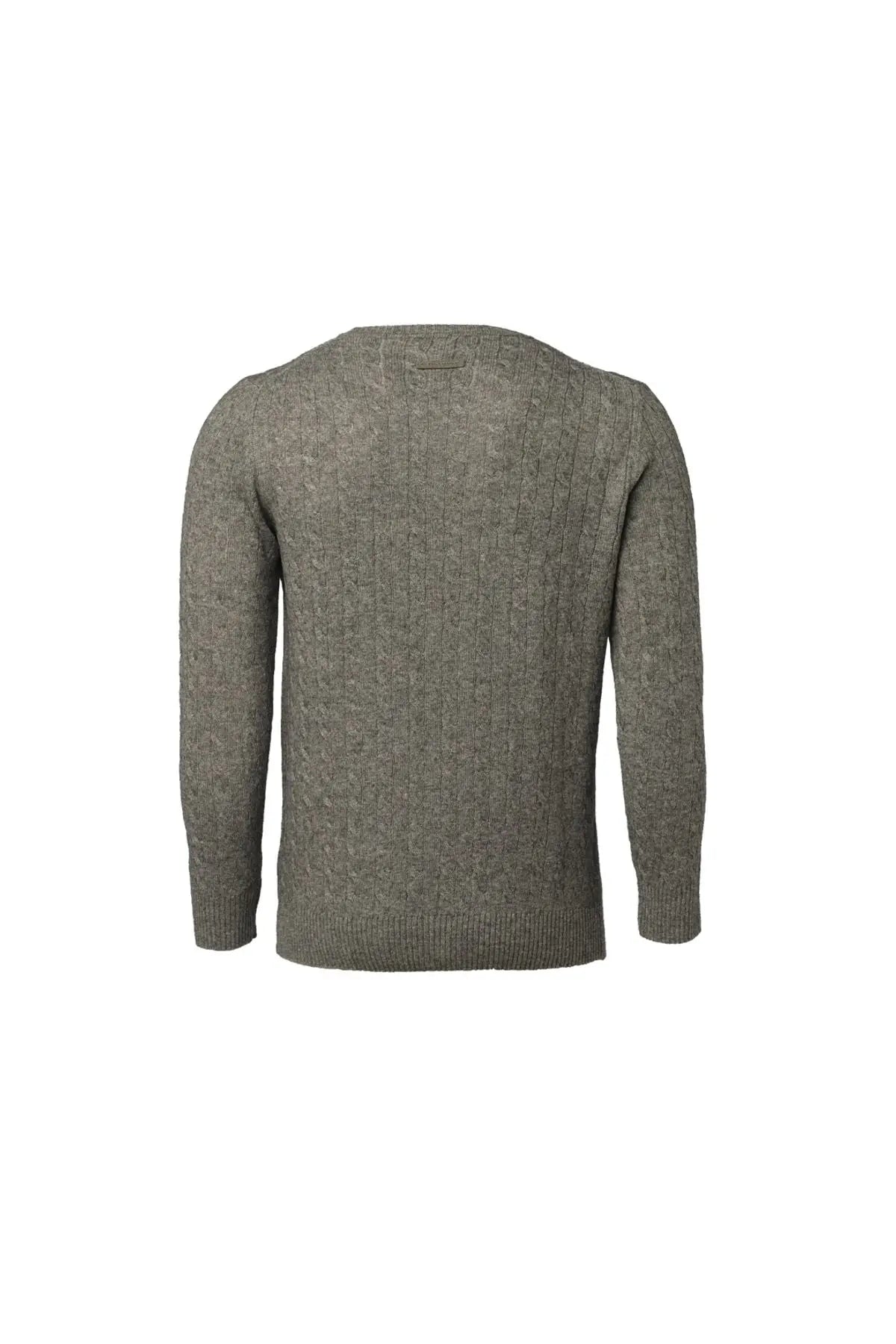 Orta Gri Melanj Kamir ve Yün Yuvarlak Yaka Saç Örgülü Uzun Kollu Amerigo Erkek Kazak Silk and Cashmere