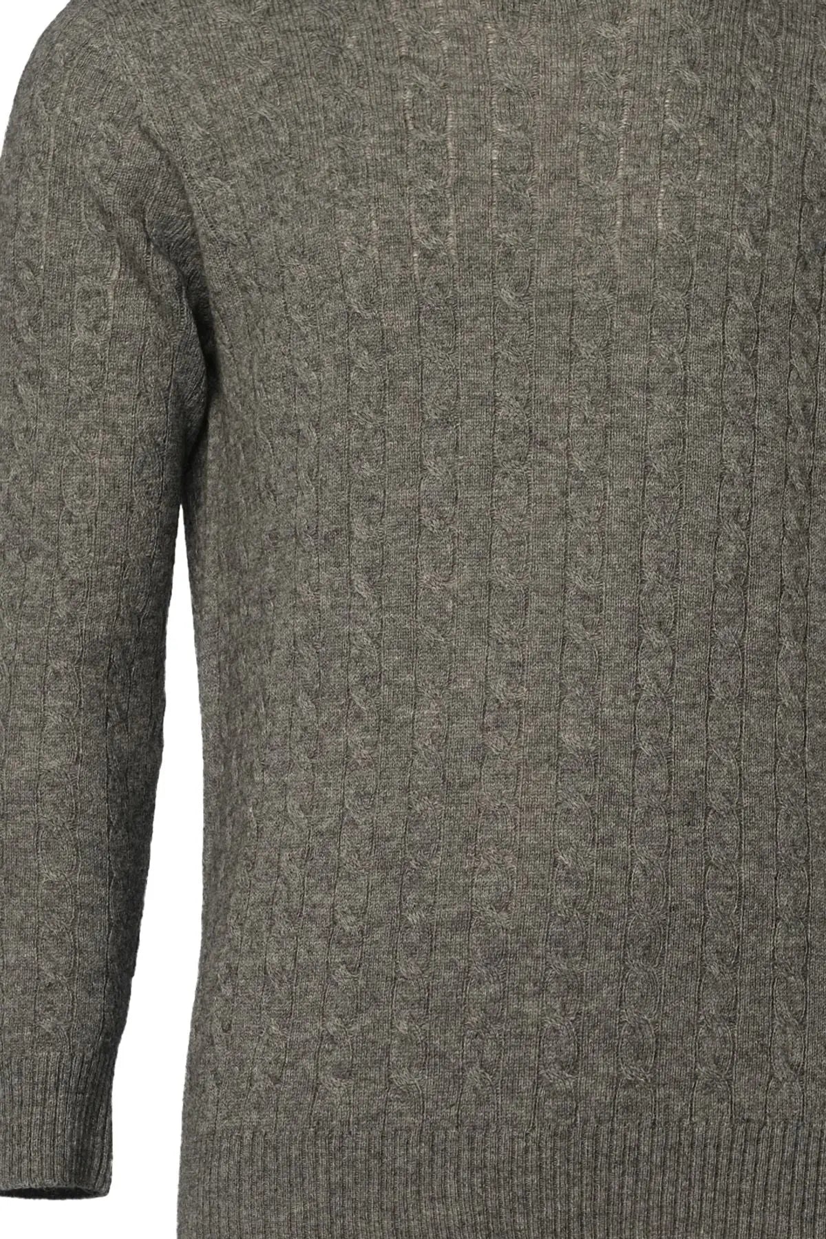 Orta Gri Melanj Kamir ve Yün Yuvarlak Yaka Saç Örgülü Uzun Kollu Amerigo Erkek Kazak Silk and Cashmere