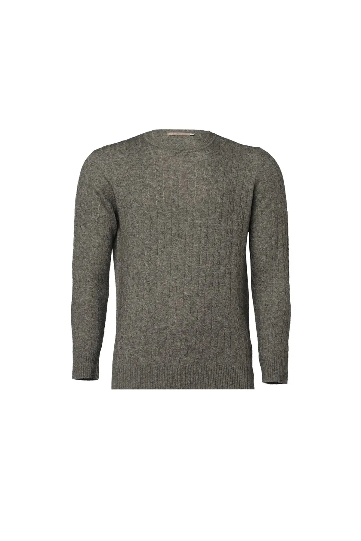 Orta Gri Melanj Kamir ve Yün Yuvarlak Yaka Saç Örgülü Uzun Kollu Amerigo Erkek Kazak Silk and Cashmere