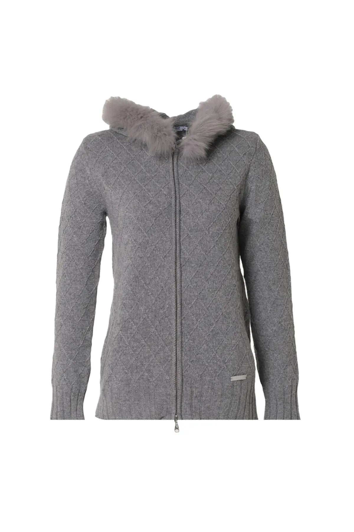 Orta Gri Melanj Kaşmir Merino Yünü Karışımlı Çıkarılabilir Kürk Detaylı Kadın Kapüşonlu Silk and Cashmere