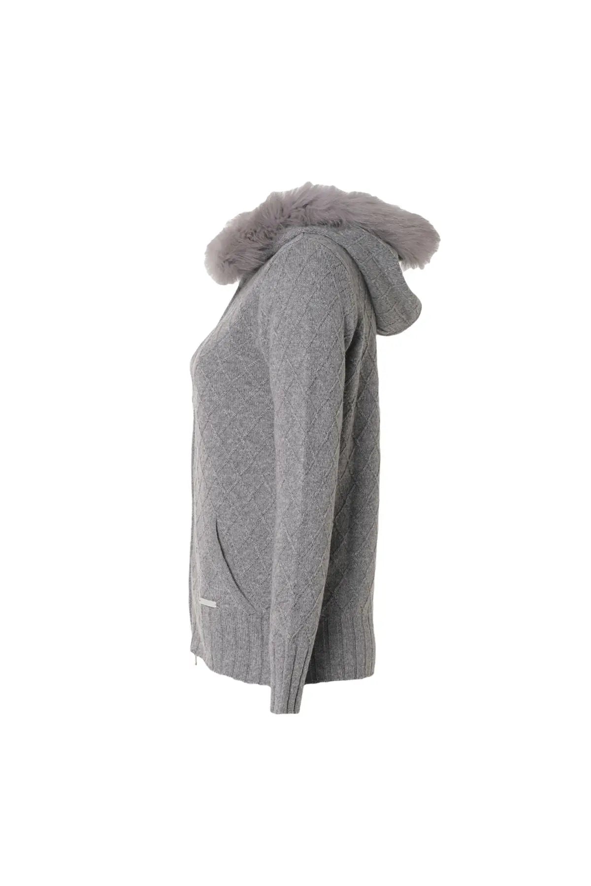 Orta Gri Melanj Kaşmir Merino Yünü Karışımlı Çıkarılabilir Kürk Detaylı Kadın Kapüşonlu Silk and Cashmere